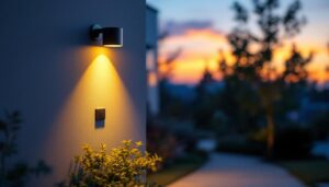 A photograph of a modern outdoor lighting setup featuring an automatic dusk to dawn light switch in action
