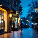 A photograph of a vibrant outdoor retail space illuminated by stylish and inviting external shop lighting