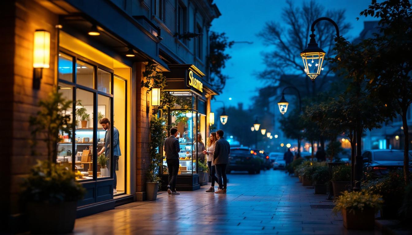 A photograph of a vibrant outdoor retail space illuminated by stylish and inviting external shop lighting