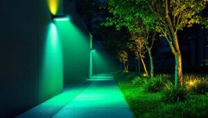 A photograph of a modern lighting installation showcasing a vibrant green floodlight illuminating an outdoor space