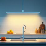 A photograph of a well-lit kitchen featuring a stylish 4-foot led light fixture installed above a countertop