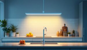 A photograph of a well-lit kitchen featuring a stylish 4-foot led light fixture installed above a countertop