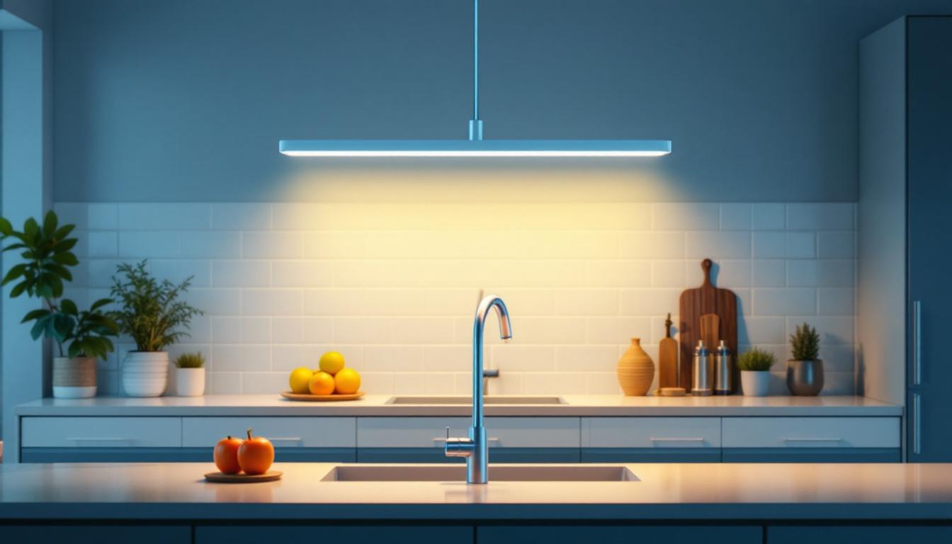 A photograph of a well-lit kitchen featuring a stylish 4-foot led light fixture installed above a countertop