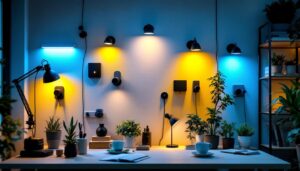 A photograph of a well-lit workspace showcasing a variety of led light wall mounts in use