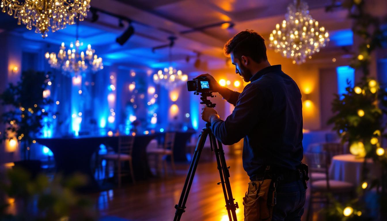 A photograph of a skilled lighting contractor expertly installing elegant uplighting at an event venue
