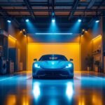 A photograph of a well-lit car garage showcasing a variety of lighting options