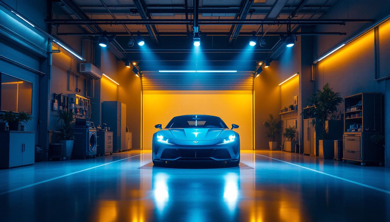 A photograph of a well-lit car garage showcasing a variety of lighting options