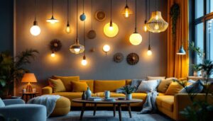 A photograph of a beautifully arranged display of various inexpensive lighting fixtures in a cozy