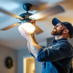 A photograph of a skilled lighting contractor expertly replacing a ceiling fan light kit