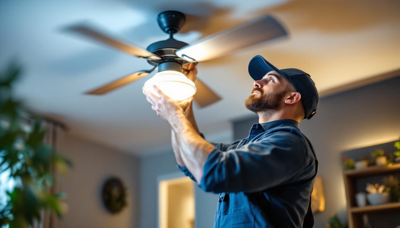 A photograph of a skilled lighting contractor expertly replacing a ceiling fan light kit