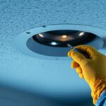 A photograph of a close-up shot of a recessed lighting goof ring being installed in a ceiling