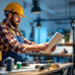 A photograph of a lighting contractor actively engaged in a project