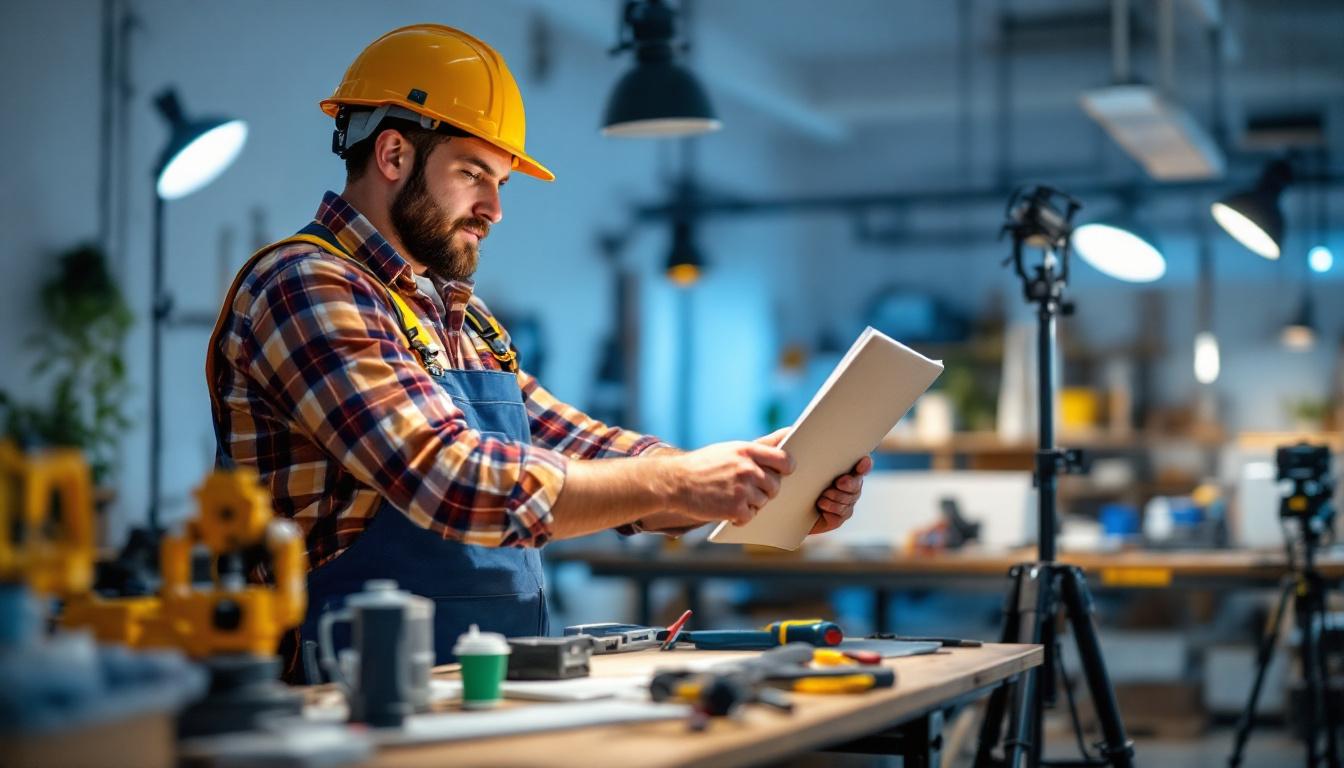 A photograph of a lighting contractor actively engaged in a project