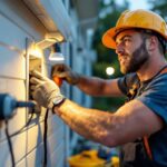 A photograph of a skilled lighting contractor working outdoors