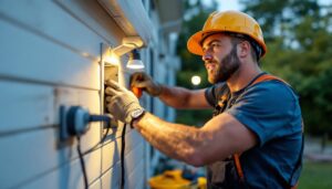 A photograph of a skilled lighting contractor working outdoors