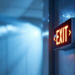 A photograph of a well-lit commercial space featuring a prominently displayed led exit emergency light