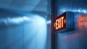 A photograph of a well-lit commercial space featuring a prominently displayed led exit emergency light