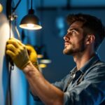 A photograph of a lighting contractor expertly installing or adjusting modern lighting fixtures in a residential or commercial space