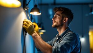 A photograph of a lighting contractor expertly installing or adjusting modern lighting fixtures in a residential or commercial space