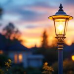 A photograph of a beautifully illuminated white outdoor lamp post in a residential setting during twilight