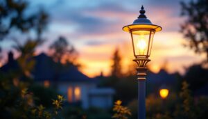 A photograph of a beautifully illuminated white outdoor lamp post in a residential setting during twilight