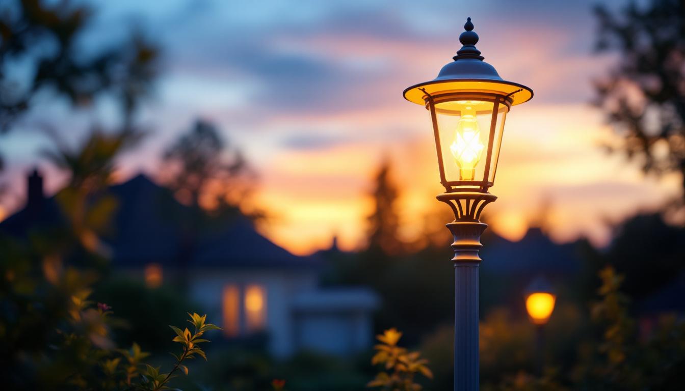 A photograph of a beautifully illuminated white outdoor lamp post in a residential setting during twilight