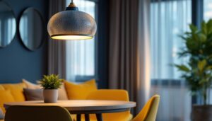 A photograph of a stylish contemporary pendant light shade in a modern interior setting