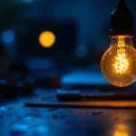 A photograph of a close-up shot of a blinking light bulb in a dimly lit room