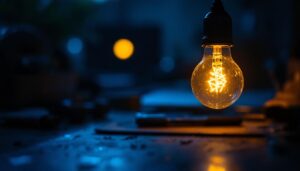 A photograph of a close-up shot of a blinking light bulb in a dimly lit room