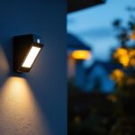 A photograph of a sleek black outdoor motion sensor light installed in a residential setting