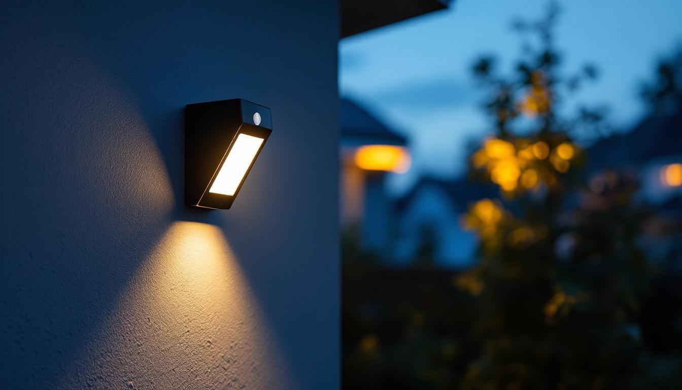 A photograph of a sleek black outdoor motion sensor light installed in a residential setting