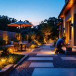 A photograph of a beautifully lit outdoor space at dusk
