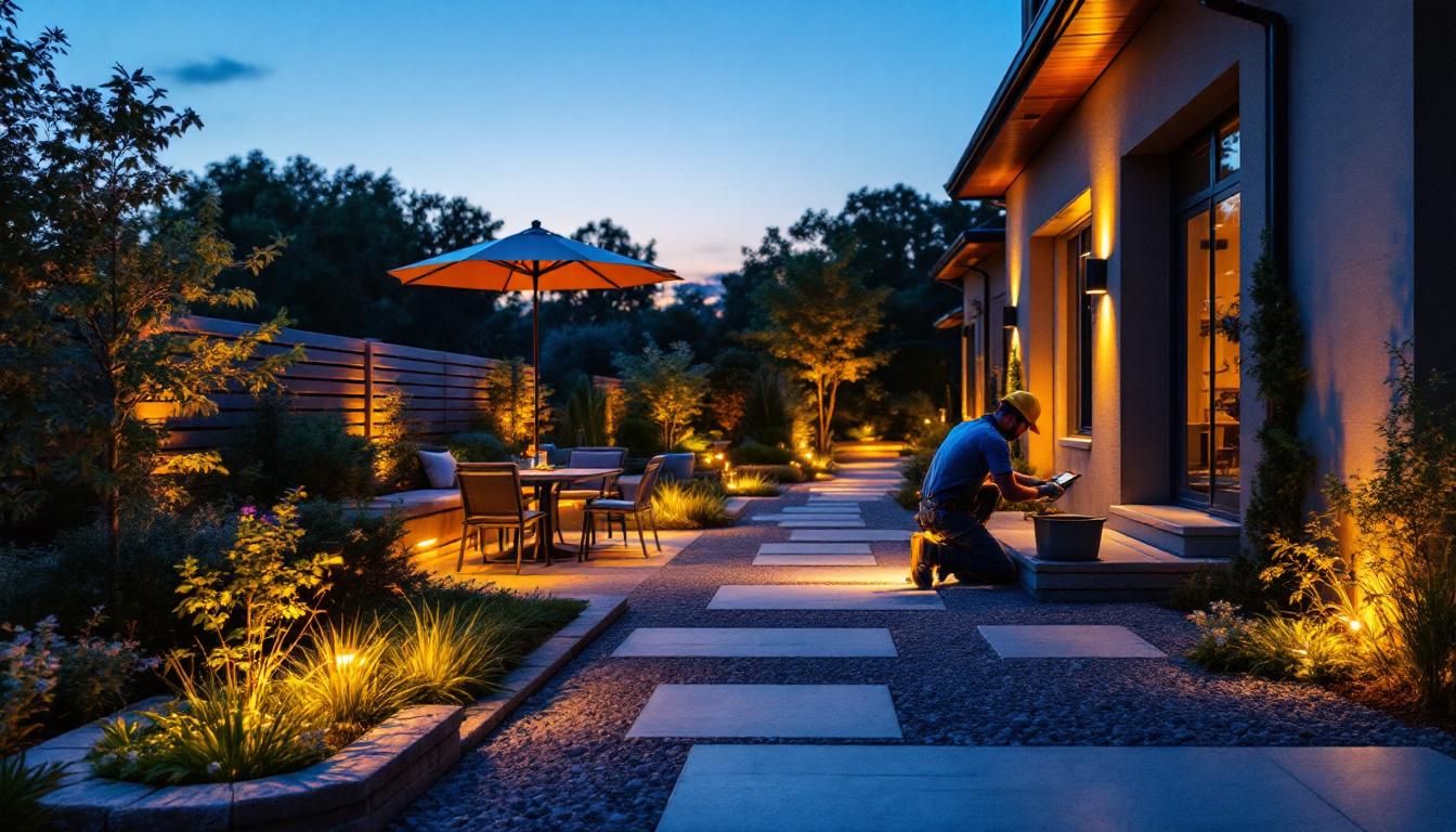 A photograph of a beautifully lit outdoor space at dusk