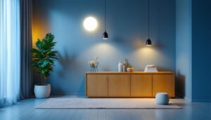 A photograph of a well-designed residential space featuring stylish and modern light fixtures