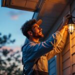 A photograph of a lighting contractor installing or adjusting a stylish porch light during twilight