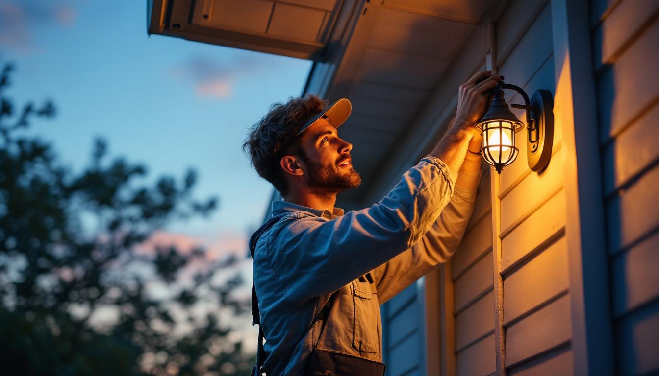 A photograph of a lighting contractor installing or adjusting a stylish porch light during twilight