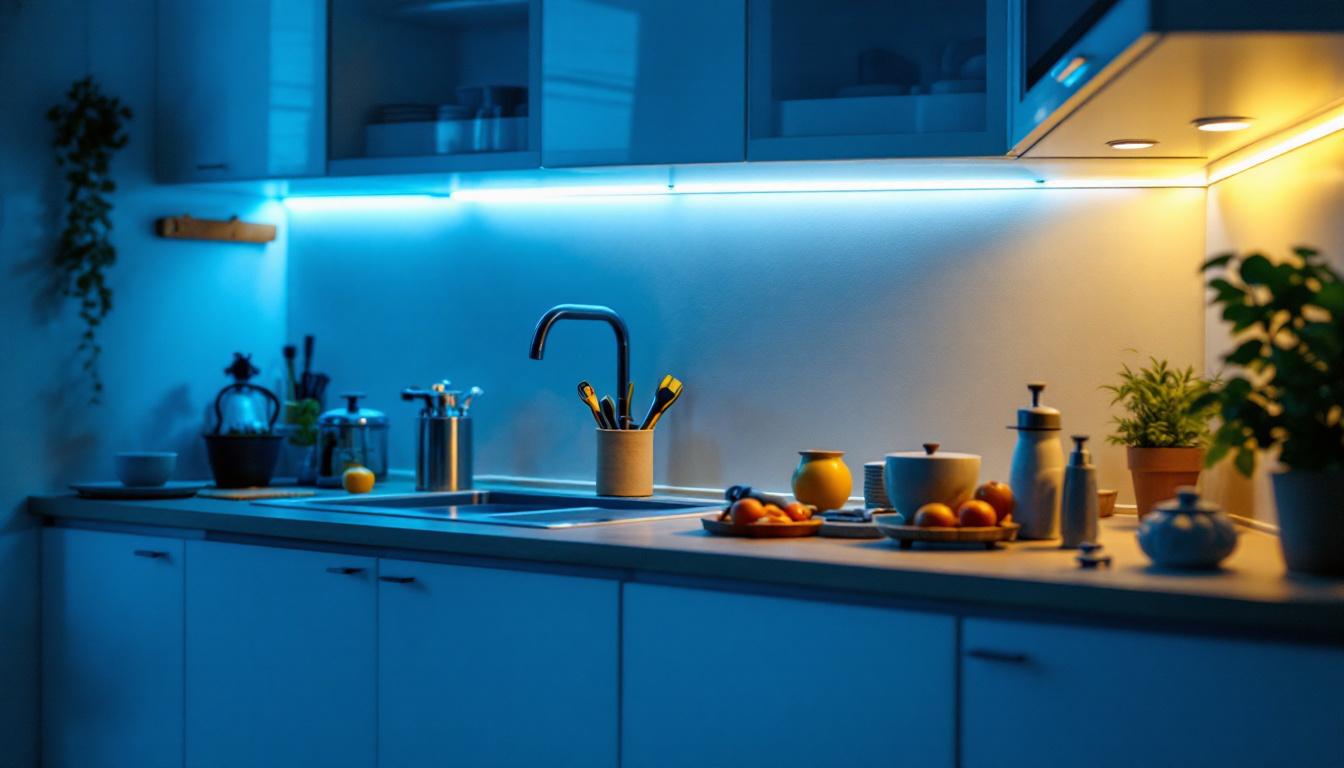 A photograph of a well-lit kitchen featuring sleek electric under cabinet lighting