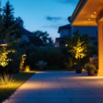 A photograph of a well-lit outdoor space featuring various styles of flood lights in use