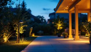 A photograph of a well-lit outdoor space featuring various styles of flood lights in use
