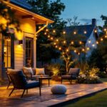 A photograph of a beautifully illuminated outdoor patio featuring stylish post lights