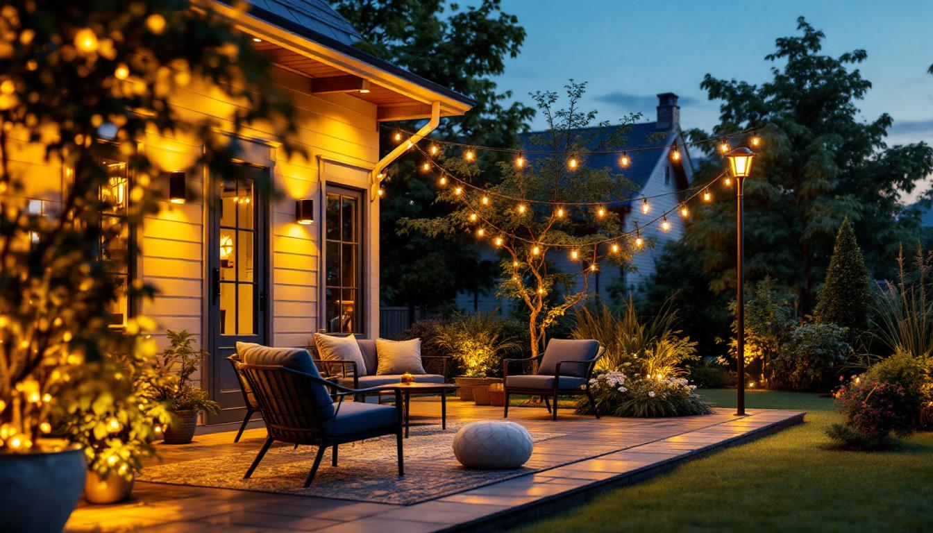 A photograph of a beautifully illuminated outdoor patio featuring stylish post lights