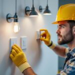 A photograph of a skilled lighting contractor installing or adjusting various types of light switches in a modern home setting