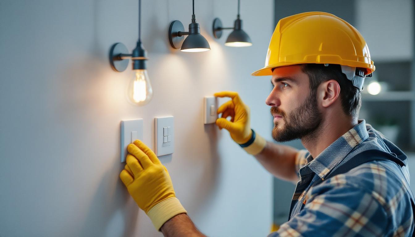 A photograph of a skilled lighting contractor installing or adjusting various types of light switches in a modern home setting