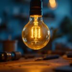 A photograph of a close-up of an e12 bulb illuminated in a stylish lamp setting