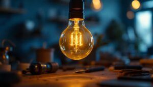 A photograph of a close-up of an e12 bulb illuminated in a stylish lamp setting