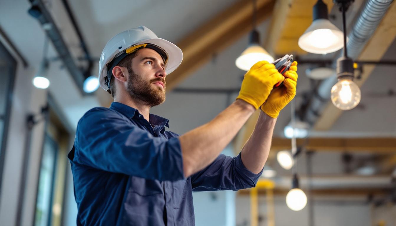 A photograph of a skilled lighting contractor expertly installing or adjusting lighting fixtures in a modern space