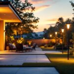 A photograph of a well-lit outdoor space showcasing a variety of bulk solar lights installed in different settings