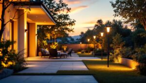 A photograph of a well-lit outdoor space showcasing a variety of bulk solar lights installed in different settings
