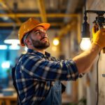 A photograph of a lighting contractor in action