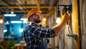 A photograph of a lighting contractor in action